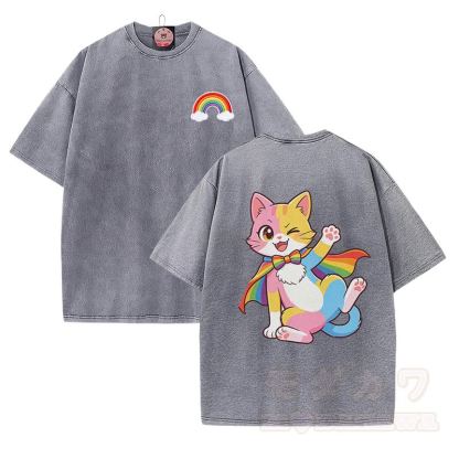 Cute Rainbow Cat Graphic Modakawa Vintage Washed 100% Cotton T-shirt - Grey - 5XL - image 2