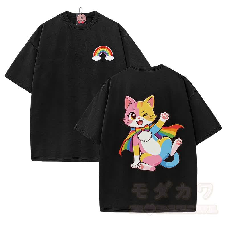 Cute Rainbow Cat Graphic Modakawa Vintage Washed 100% Cotton T-shirt - Black - 5XL - image 1