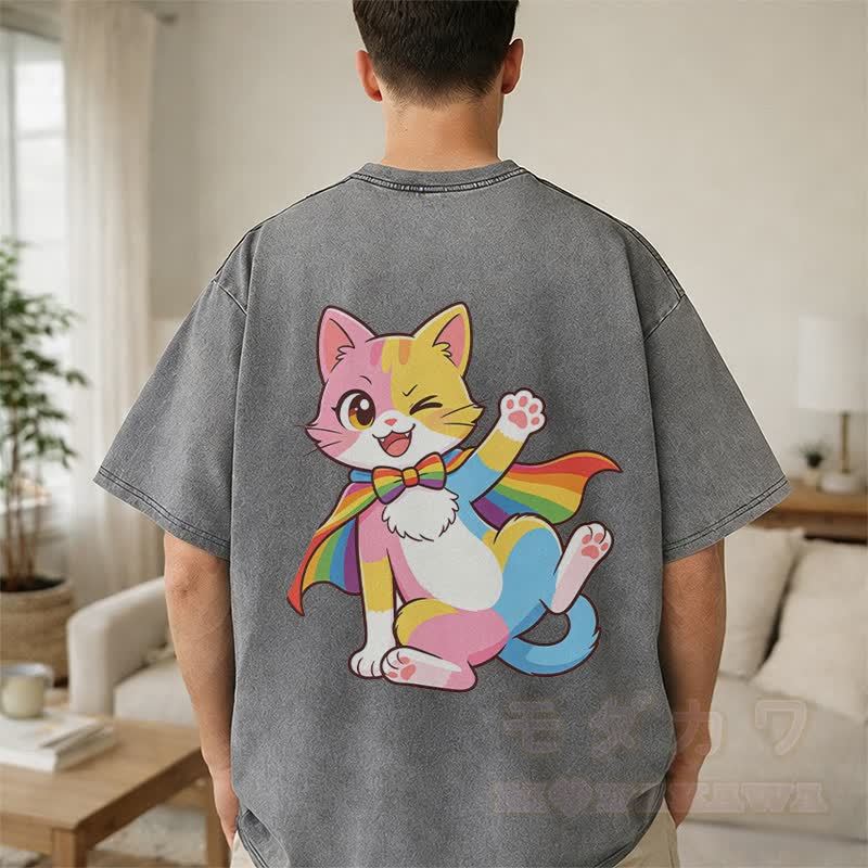 Cute Rainbow Cat Graphic Modakawa Vintage Washed 100% Cotton T-shirt - image 5