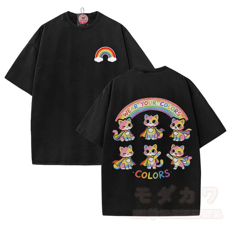 WEAR YOUR COLORS Rainbow Cat Graphic Modakawa Vintage Washed 100% Cotton T-shirt - Black - 5XL - image 1
