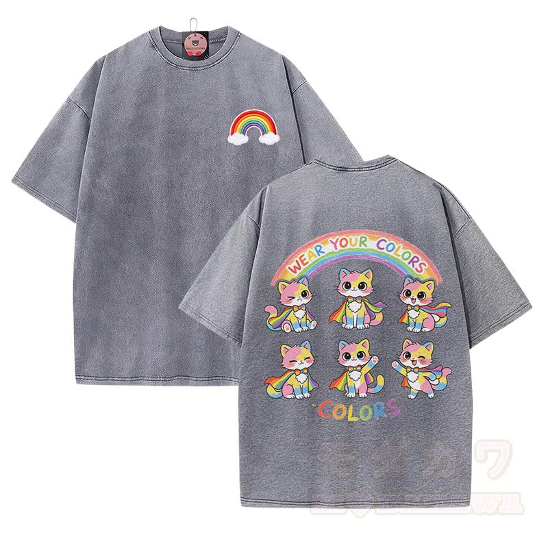 WEAR YOUR COLORS Rainbow Cat Graphic Modakawa Vintage Washed 100% Cotton T-shirt - Grey - 5XL - image 2