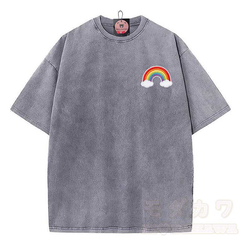 Cute Rainbow Cat Graphic Modakawa Vintage Washed 100% Cotton T-shirt - image 3