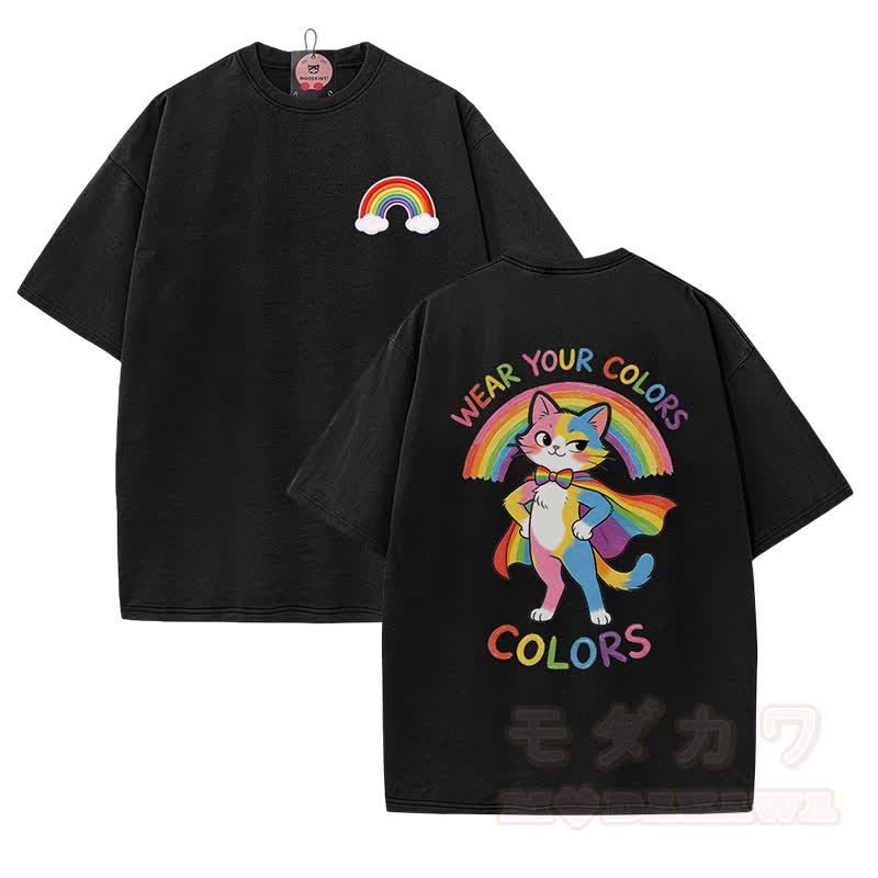 WEAR YOUR COLORS Rainbow Cat Graphic Modakawa Vintage Washed 100% Cotton T-shirt - Black - 5XL - image 2