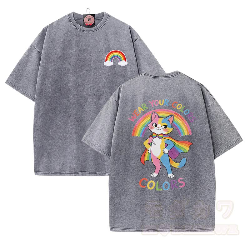 WEAR YOUR COLORS Rainbow Cat Graphic Modakawa Vintage Washed 100% Cotton T-shirt - Grey - 5XL - image 1