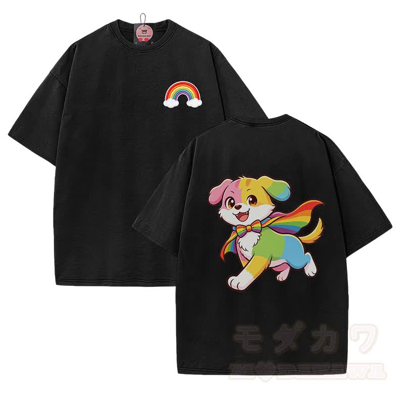 Rainbow Puppy Graphic Modakawa Vintage Washed 100% Cotton T-shirt - Black - 5XL - image 2