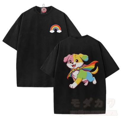 Rainbow Puppy Graphic Modakawa Vintage Washed 100% Cotton T-shirt - Black - 5XL - image 2