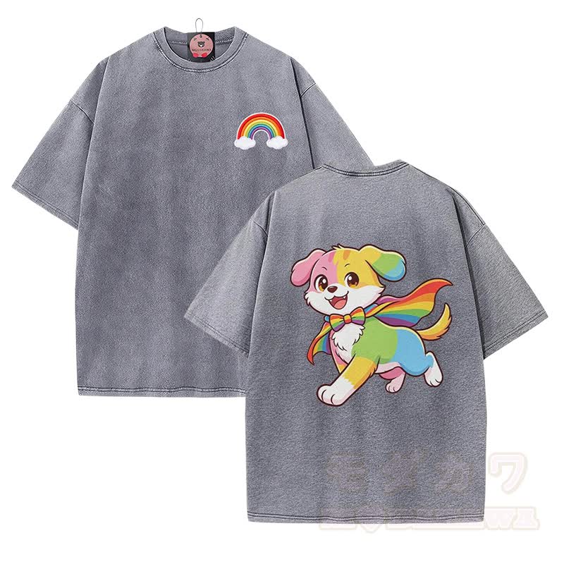 Rainbow Puppy Graphic Modakawa Vintage Washed 100% Cotton T-shirt - Grey - 5XL - image 1