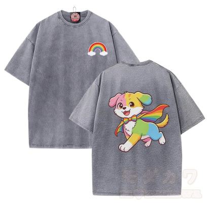 Rainbow Puppy Graphic Modakawa Vintage Washed 100% Cotton T-shirt - Grey - 5XL - image 1