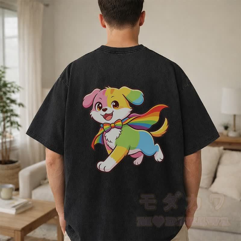 Rainbow Puppy Graphic Modakawa Vintage Washed 100% Cotton T-shirt - image 5