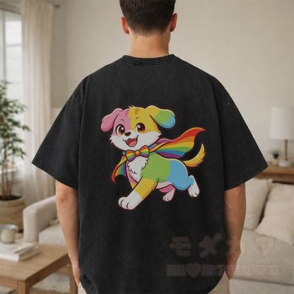 Rainbow Puppy Graphic Modakawa Vintage Washed 100% Cotton T-shirt - image 5