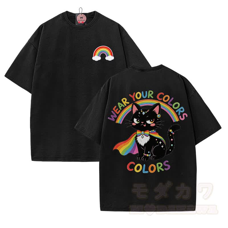 WEAR YOUR COLORS Rainbow Black Cat Graphic Modakawa Vintage Washed 100% Cotton T-shirt - Black - 5XL - image 2