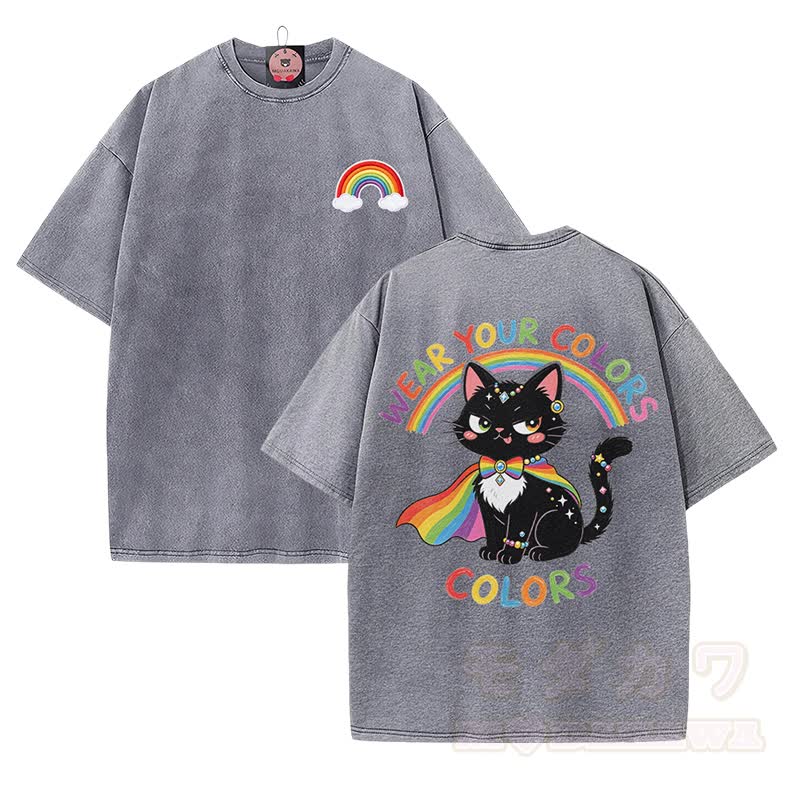 WEAR YOUR COLORS Rainbow Black Cat Graphic Modakawa Vintage Washed 100% Cotton T-shirt - Grey - 5XL - image 1