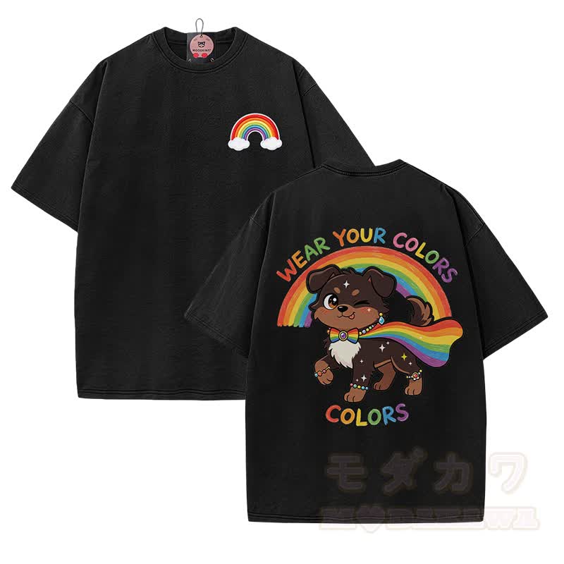 WEAR YOUR COLORS Rainbow Puppy Graphic Modakawa Vintage Washed 100% Cotton T-shirt - Black - 5XL - image 2
