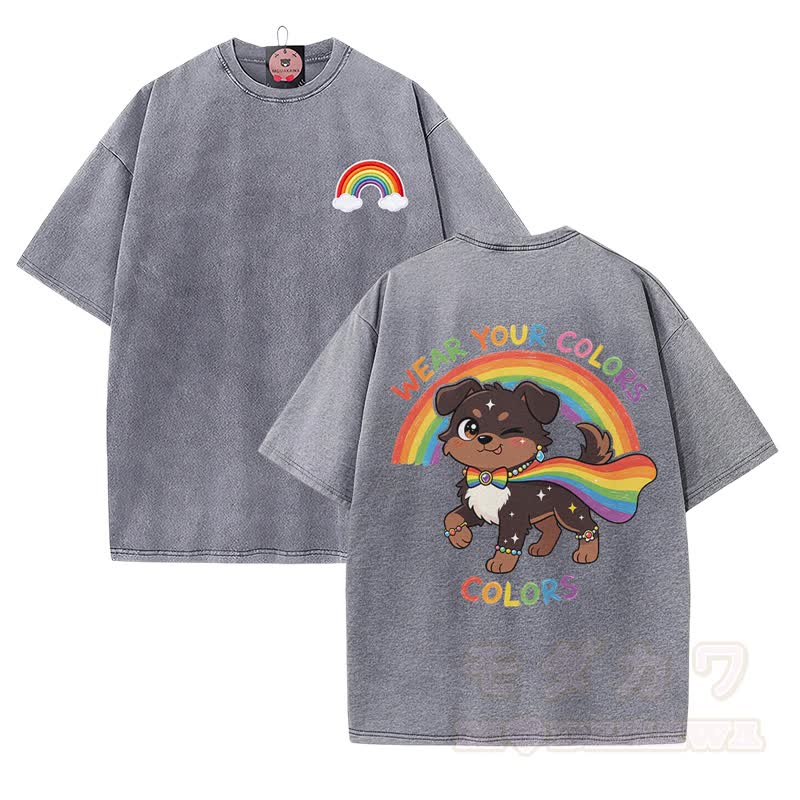 WEAR YOUR COLORS Rainbow Puppy Graphic Modakawa Vintage Washed 100% Cotton T-shirt - Grey - 5XL - image 1