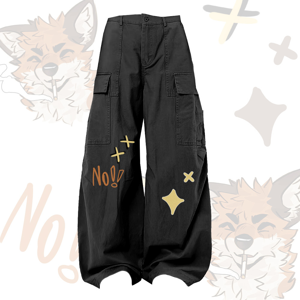 MODAKAWA X atka Smoking Fox Graphic U-Neck T-shirt Plaid Skirt Cargo Pants Two Pieces Set - Grey Pants - XL - image 5