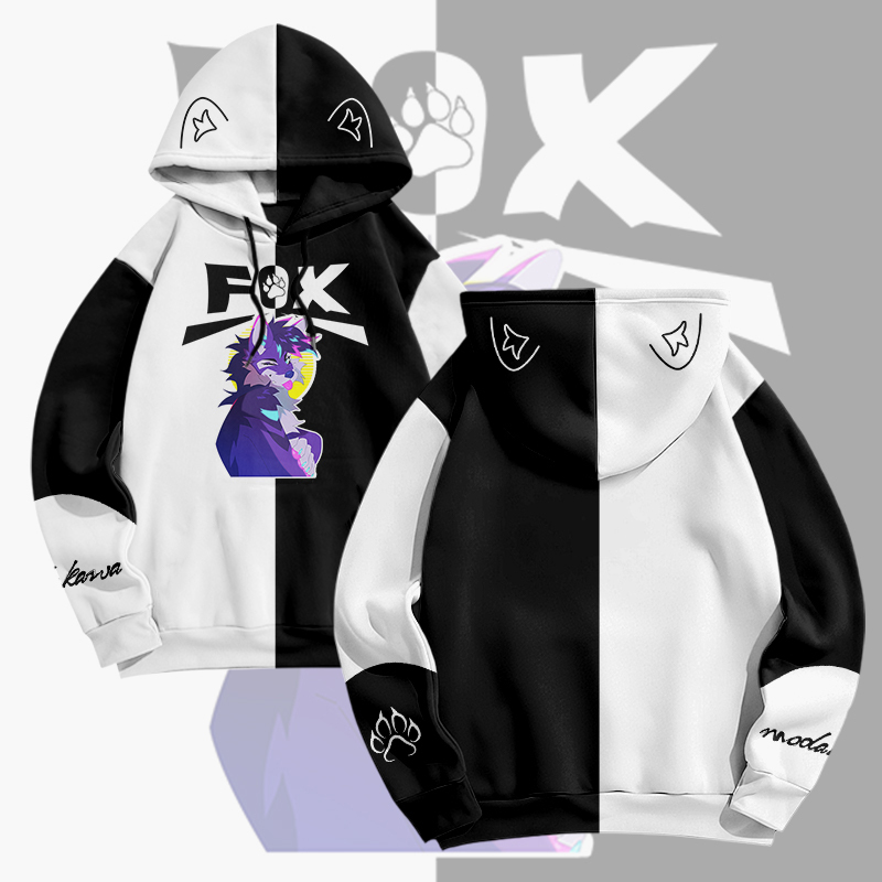 MODAKAWA X pandashk Tongue Out Fox Graphic Pullover Hoodie - Black & White - 6XL - image 2