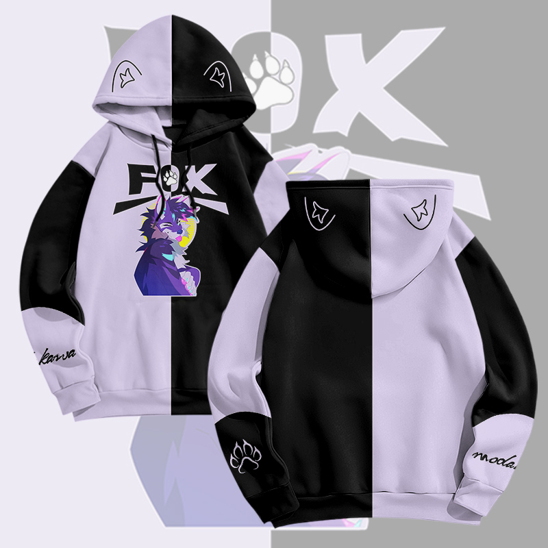 MODAKAWA X pandashk Tongue Out Fox Graphic Pullover Hoodie - Light Purple & Black - 6XL - image 1