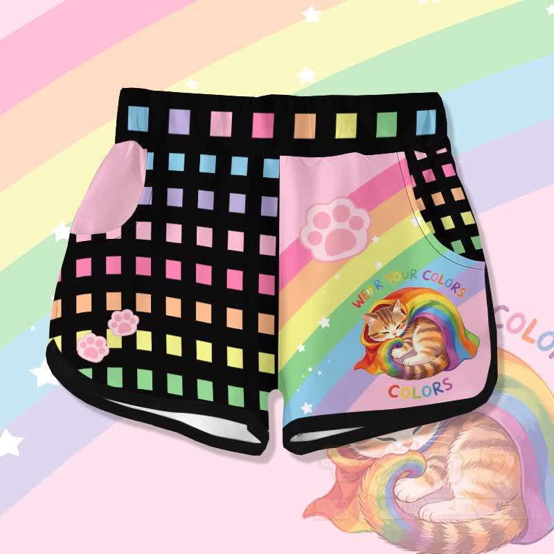 WEAR YOUR COLORS Rainbow Cat Graphic Modakawa Shorts - Multicolor - 5XL - image 1