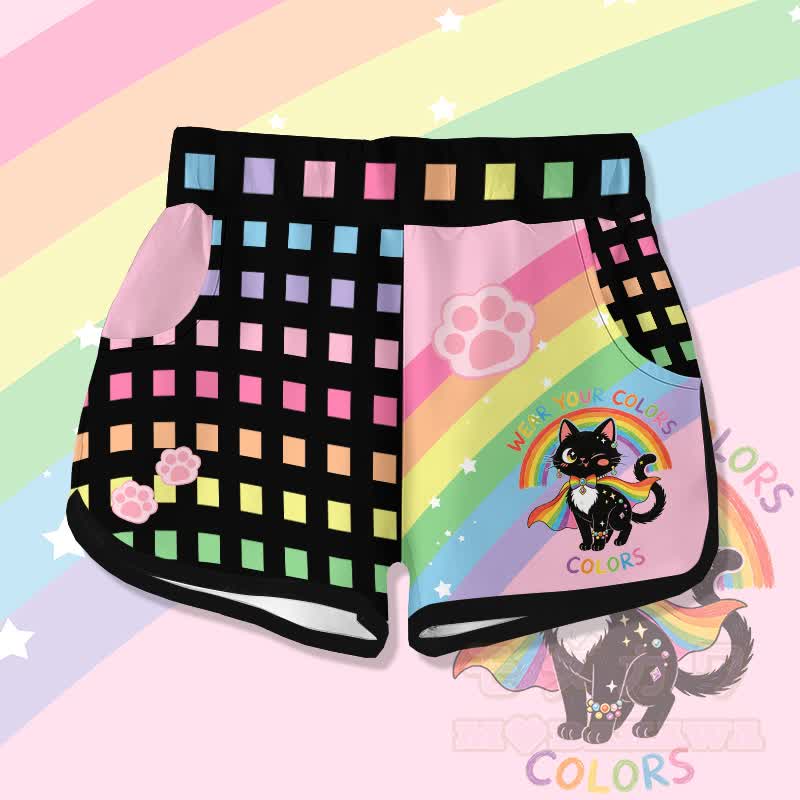 WEAR YOUR COLORS Rainbow Black Cat Graphic Modakawa Shorts - Multicolor - 5XL - image 1