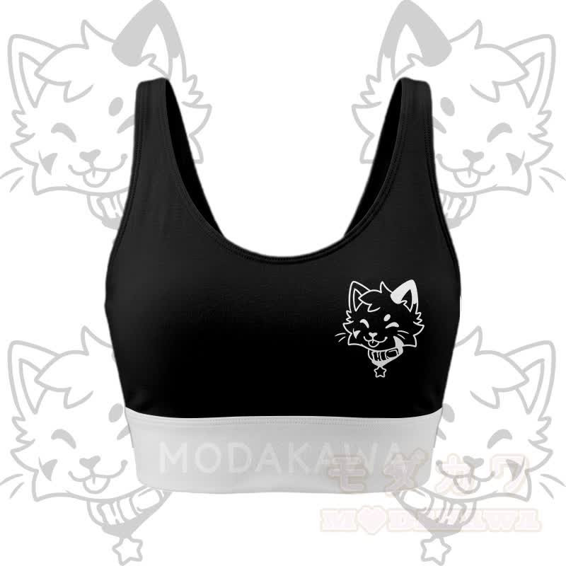 Kitty Graphic Crop Tank Sport Top Shorts Bikini Modakawa Matching Outfit - Black Top - 5XL - image 4