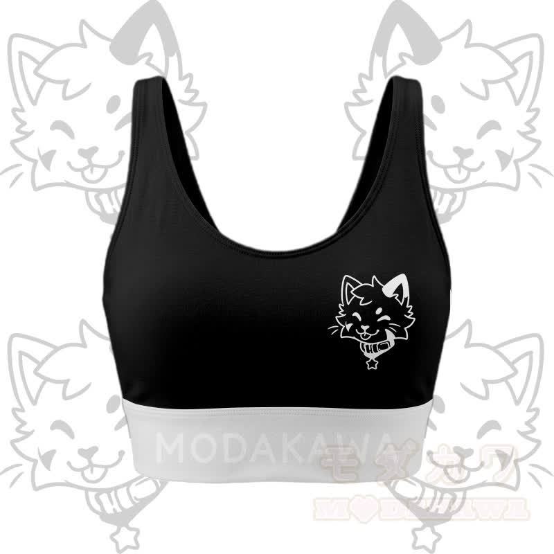 Kitty Graphic Crop Tank Sport Top Shorts Bikini Modakawa Matching Outfit - Black Top - 5XL - image 4