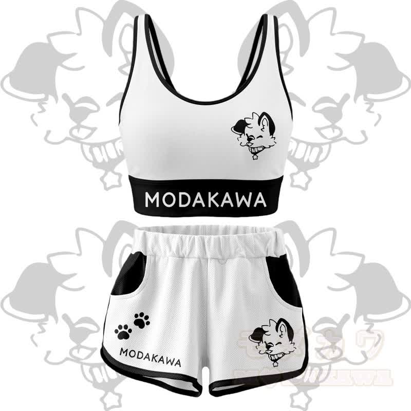 MODAKAWA X popipeko Puppy Graphic Crop Tank Sport Top Shorts Bikini Matching Outfit - White Set - 5XL - image 1