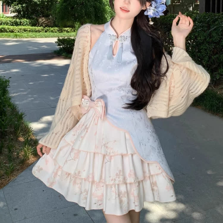 Floral Halter Buckle Bow Dress Knit Cardigan Matching Outfit - image 6
