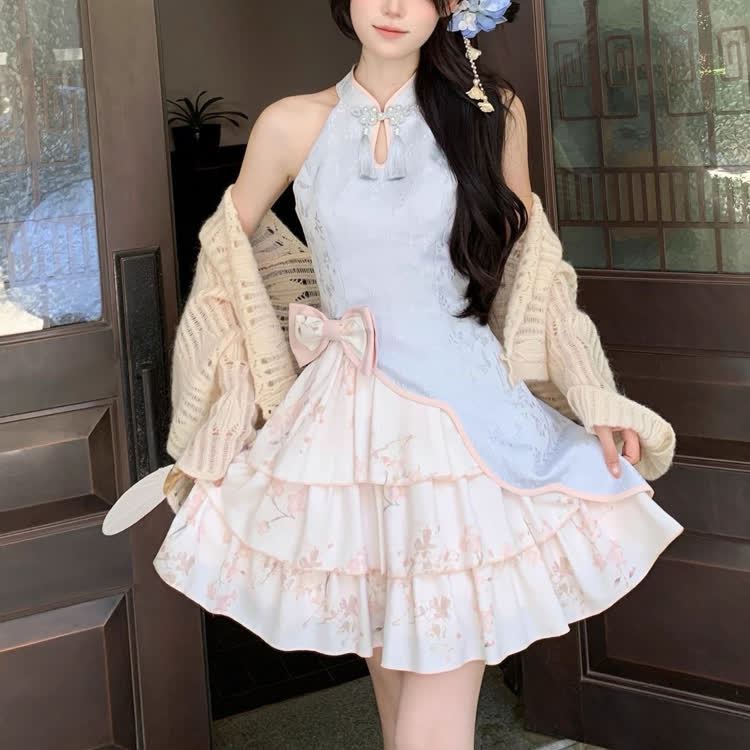 Floral Halter Buckle Bow Dress Knit Cardigan Matching Outfit - image 5