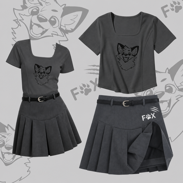 MODAKAWA X atka Funny Fox Square Neck T-shirt Belt Pleated Skirt Matching Outfit - Set A - 2XL - image 1