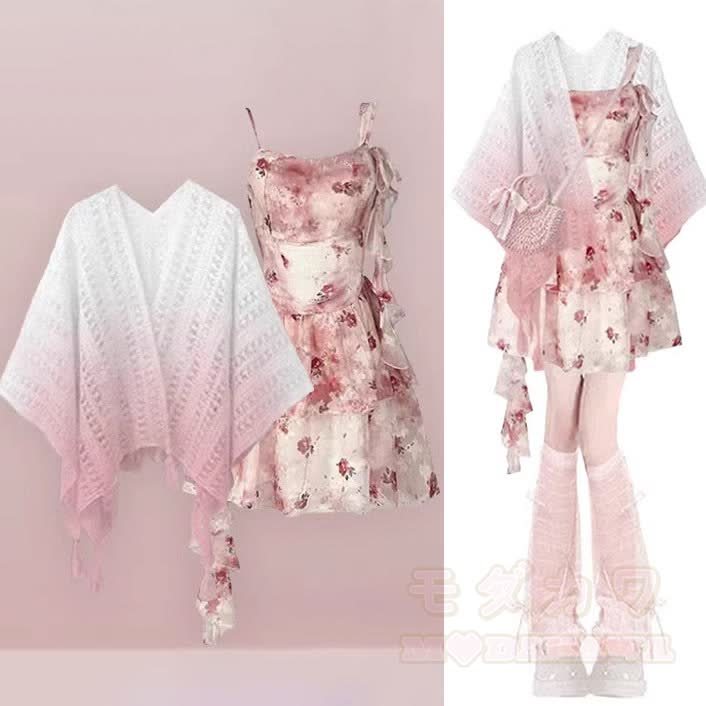 Knit Shawl Floral Cami Dress Matching Outfit - image 1