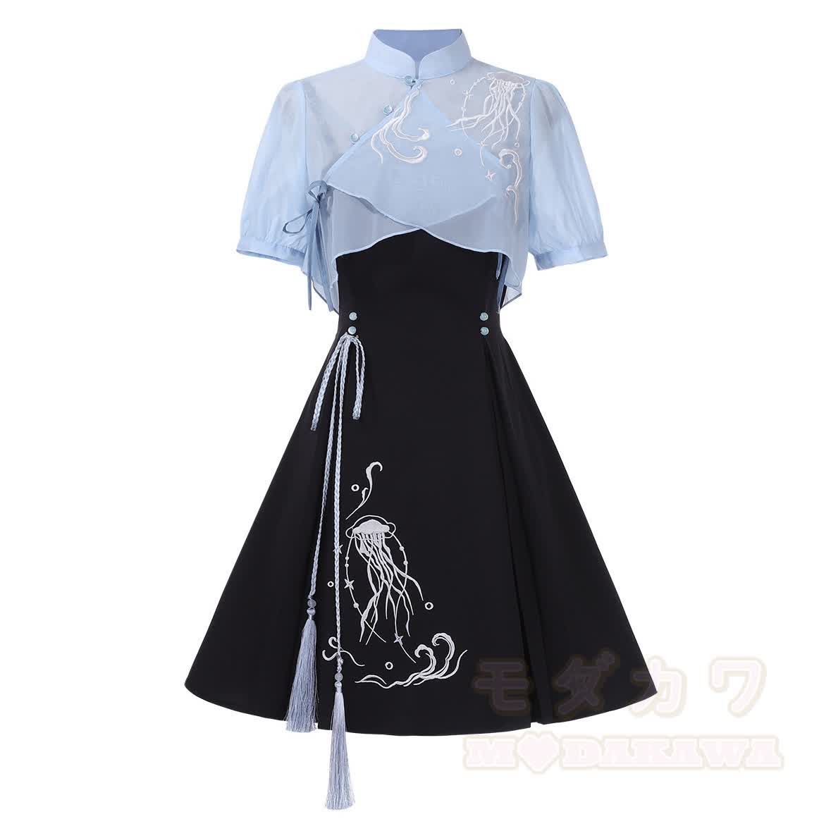 Sheer Mandarin Collar Top Jellyfish Embroidered Slip Dress Matching Outfit - image 1