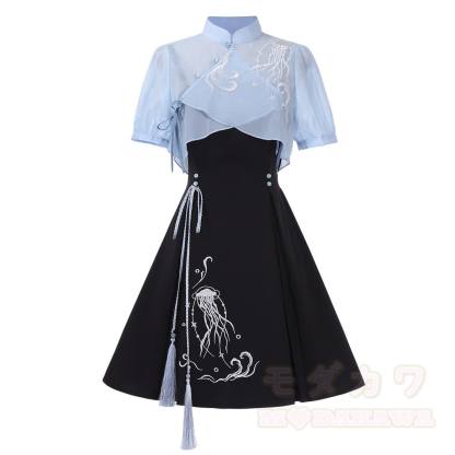 Sheer Mandarin Collar Top Jellyfish Embroidered Slip Dress Matching Outfit - image 1