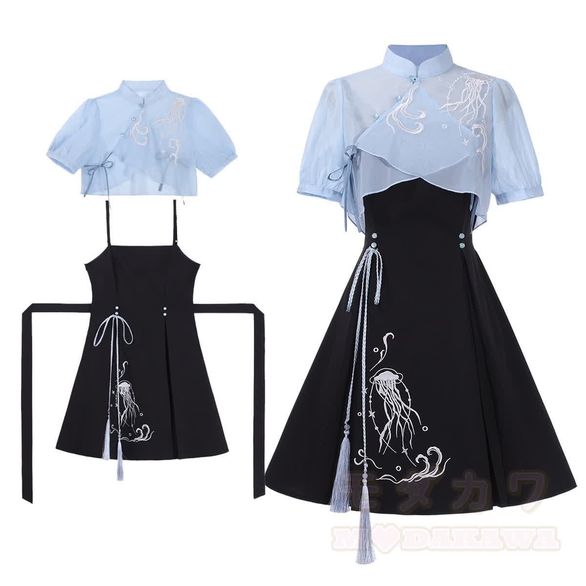 Sheer Mandarin Collar Top Jellyfish Embroidered Slip Dress Matching Outfit - Set - XL - image 4