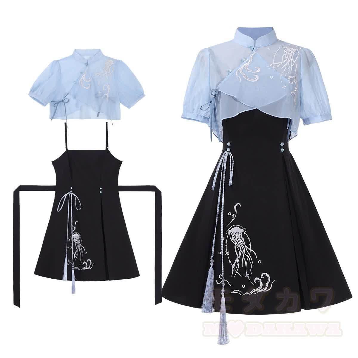 Sheer Mandarin Collar Top Jellyfish Embroidered Slip Dress Matching Outfit - Set - XL - image 4