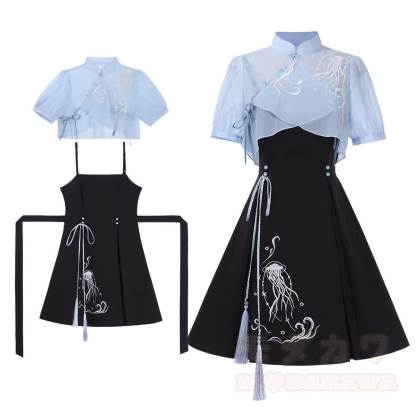Sheer Mandarin Collar Top Jellyfish Embroidered Slip Dress Matching Outfit - Set - XL - image 4