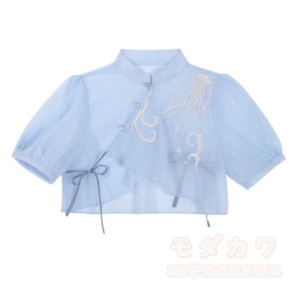 Sheer Mandarin Collar Top Jellyfish Embroidered Slip Dress Matching Outfit - Top (Single) - XL - image 2