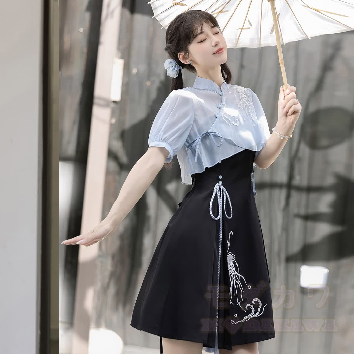 Sheer Mandarin Collar Top Jellyfish Embroidered Slip Dress Matching Outfit - image 6