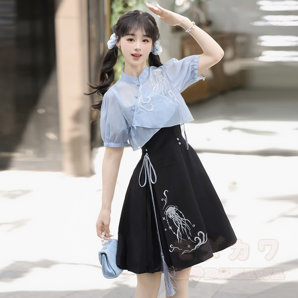Sheer Mandarin Collar Top Jellyfish Embroidered Slip Dress Matching Outfit - image 5