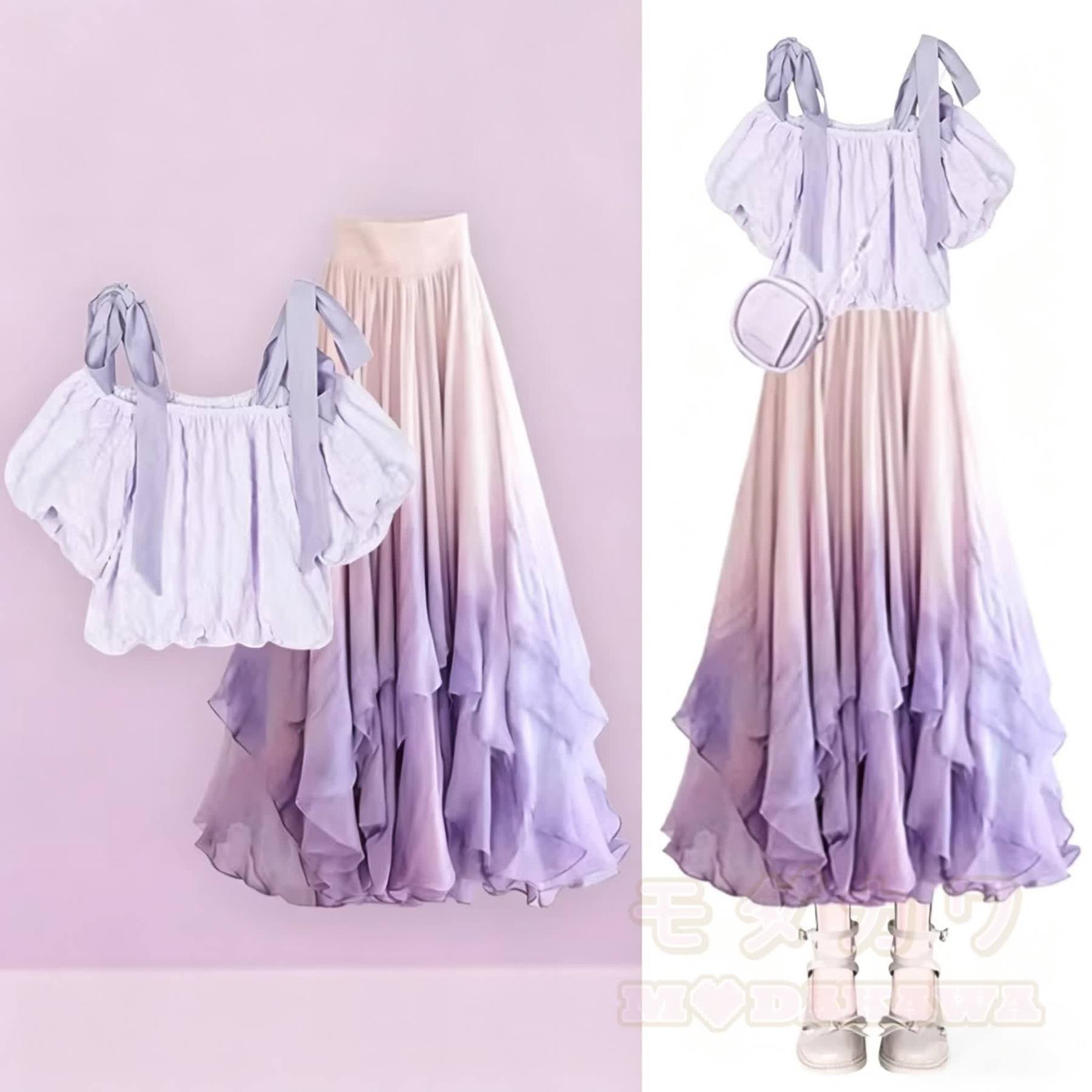 Tie Strap Top Gradient Ruffle Skirt Matching Outfit - image 1
