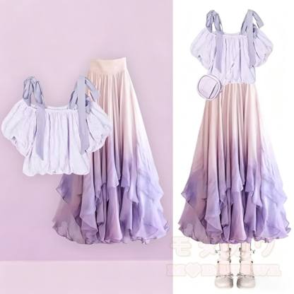 Tie Strap Top Gradient Ruffle Skirt Matching Outfit - image 1