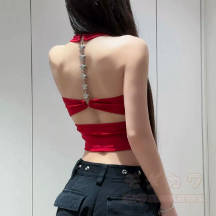 Star Chain Backless Halter Crop Top - Red - One Size - image 11