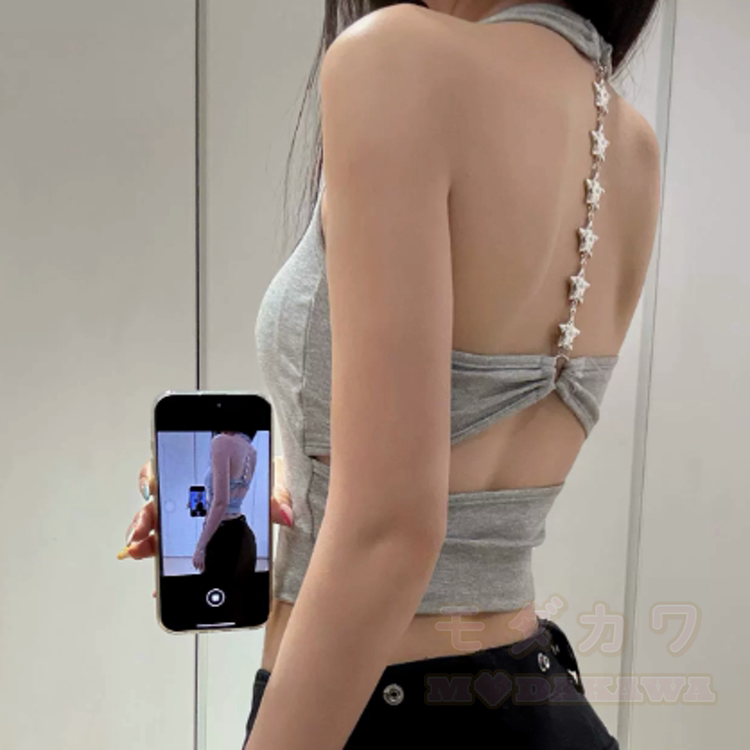 Star Chain Backless Halter Crop Top - Grey - One Size - image 14