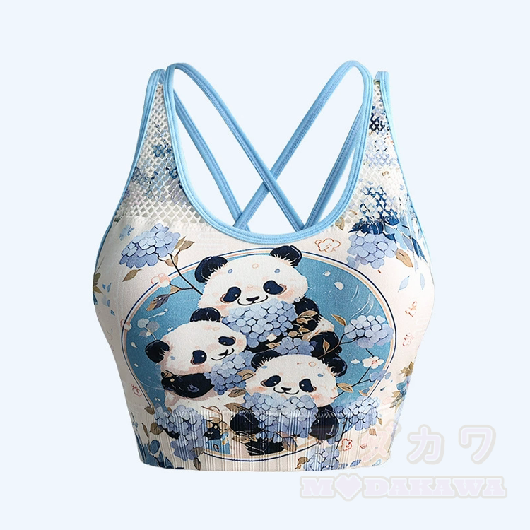 Panda Graphic Cross Back Sports Top Shorts Matching Outfit - Blue Top - L - image 10