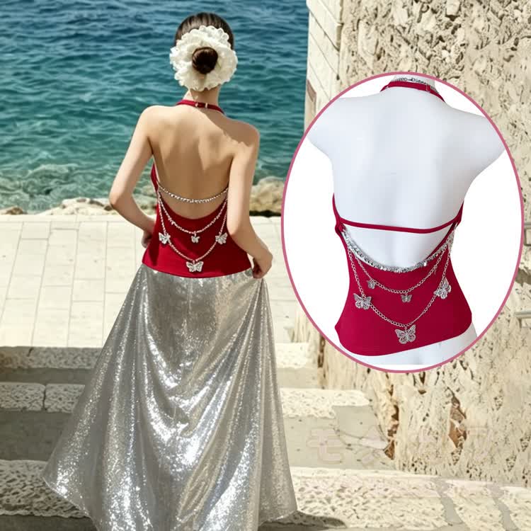 Butterfly Chain Backless Halter Top - image 1