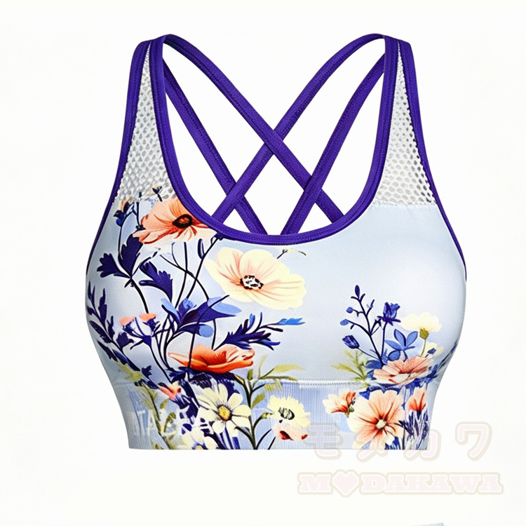 Floral Graphic Cross Back Sports Top Shorts Matching Outfit - Blue Top - L - image 11