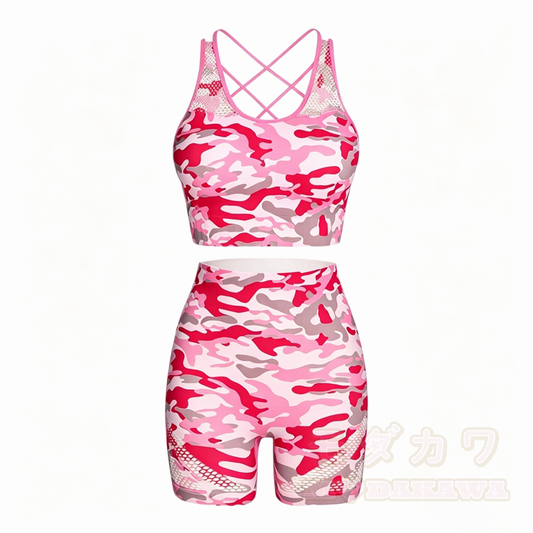 Pink Camo Graphic Cross Back Sports Top Shorts Matching Outfit - image 2