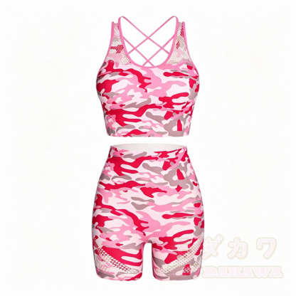 Pink Camo Graphic Cross Back Sports Top Shorts Matching Outfit - image 2