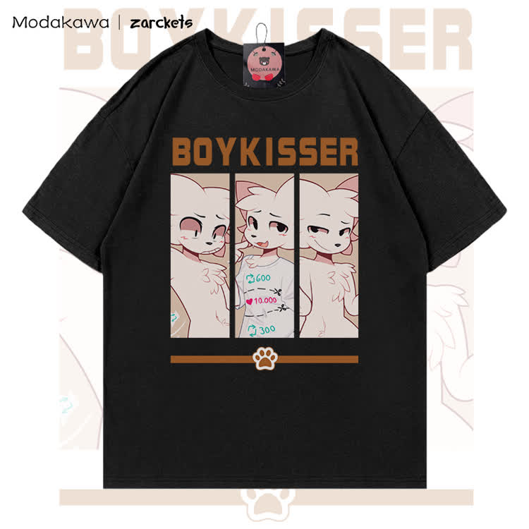 MODAKAWA X zarckets BOYKISSER Anime Cat Character Graphic 100% Cotton T-shirt - Black - 5XL - image 1