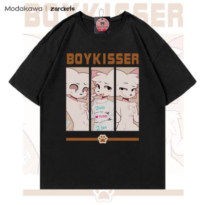 MODAKAWA X zarckets BOYKISSER Anime Cat Character Graphic 100% Cotton T-shirt - Black - 5XL - image 1
