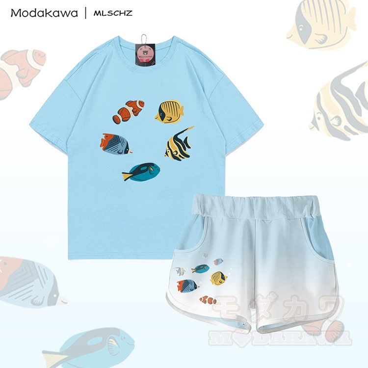 MODAKAWA X MLSCHZ Fish Graphic 100% Cotton T-shirt Gradient Shorts Matching Outfit - Sky Blue Set - 5XL - image 2